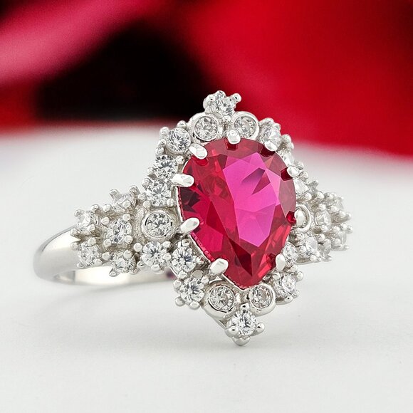 Fancy Pear Red Ruby Gemstone Ring - 925 Sterling Silver Charmed Aroma - Picture 1 of 5